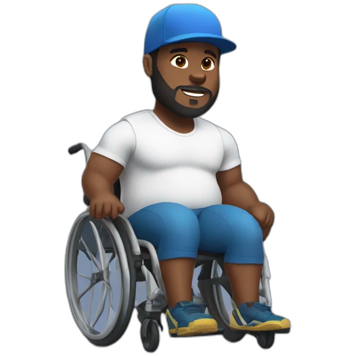big-bellied, fat and muscular black man with beard and ball cap in a wheelchair with two prosthetic legs emoji