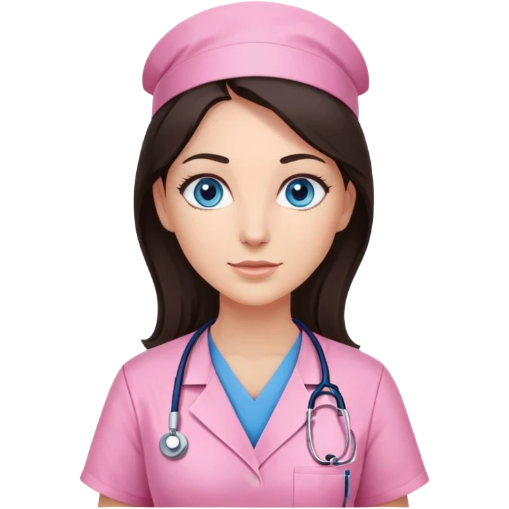 Female nurse, Very long dark brunette hair, blue eyes, light-medium skin, skin, pink scrubs, no hat emoji