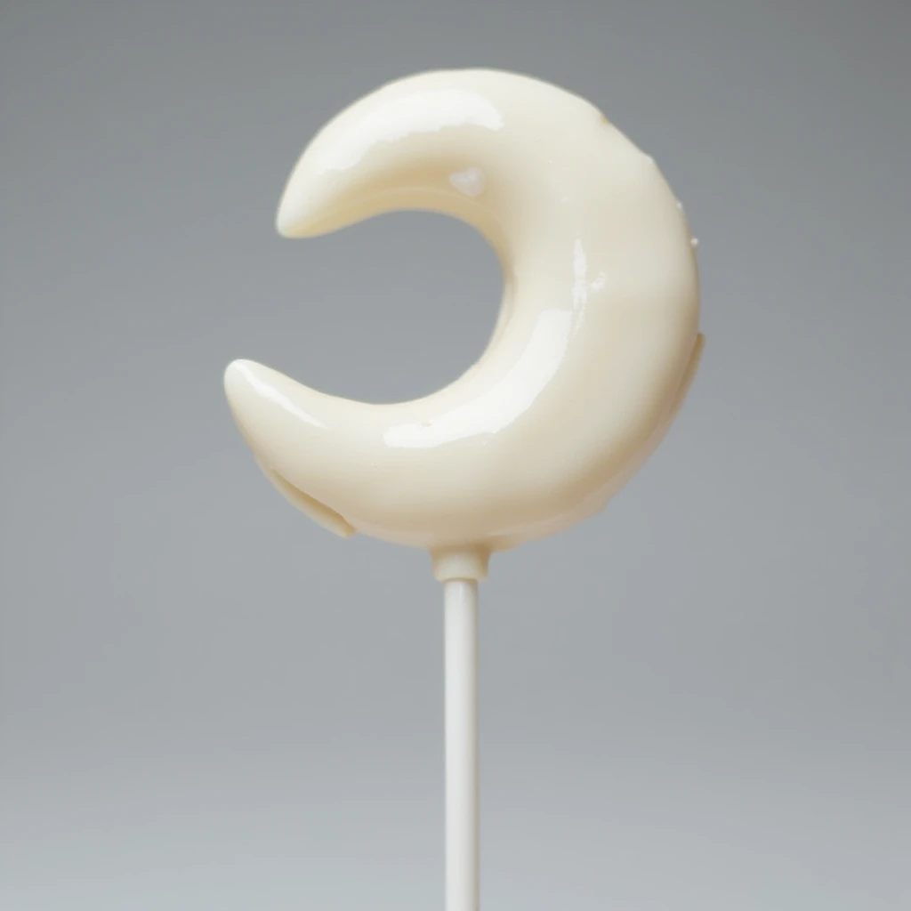 realistic crescent moon-shaped lollipop, white color, glossy, photorealistic style emoji