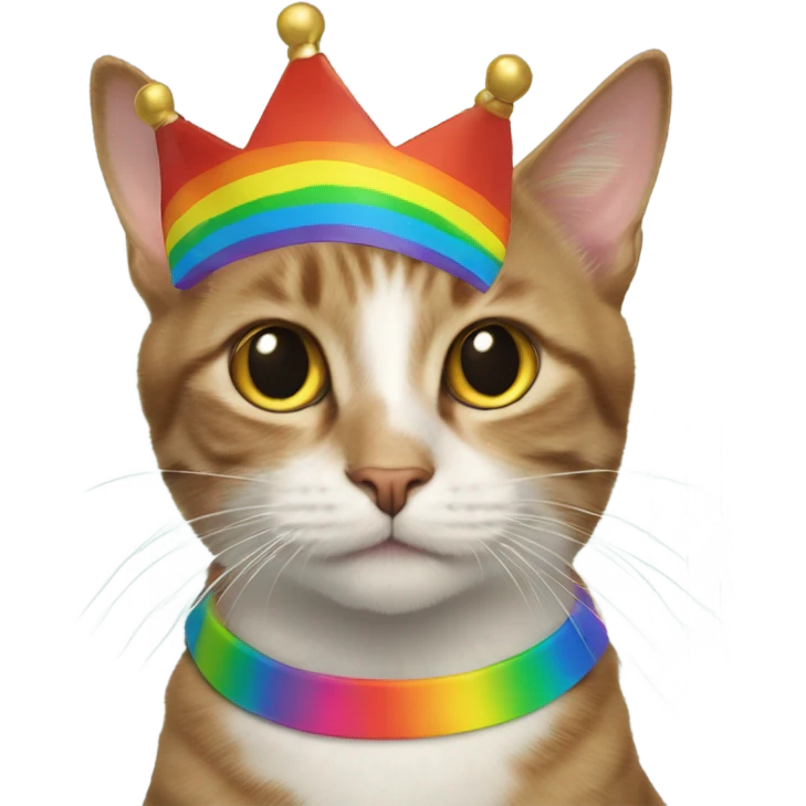 Cat with a rainbow crown and a rainbow collar with the name “Frodo” on it emoji