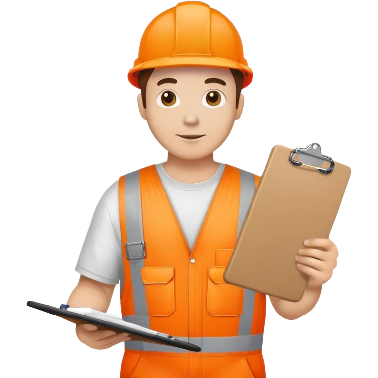 man standing wearing orange hi visibility overalls holding a clipboard emoji