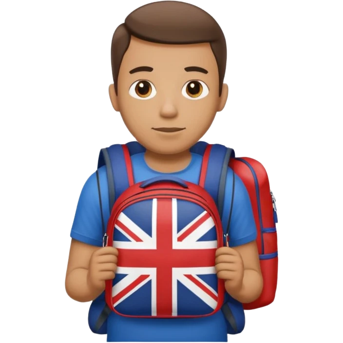A guy with a backpack and a Union Jack on his T-shirt holds the Union Jack. emoji