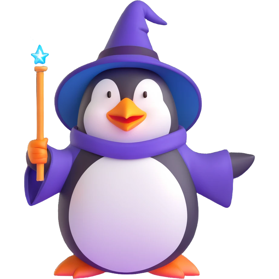 penguin wizard casting a spell with magic wand emoji