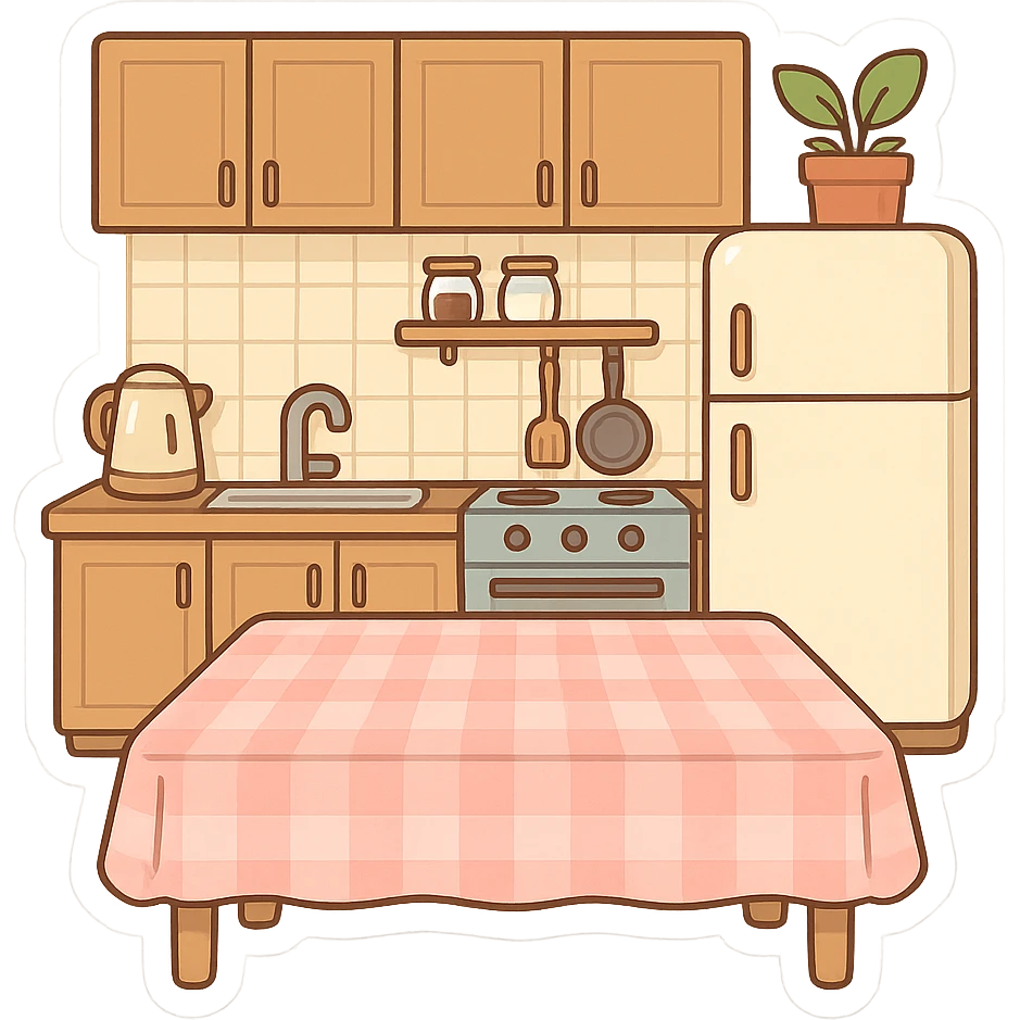 一个温馨的厨房，厨房前景是一个摆放着一个大的粉色桌布的餐桌 emoji