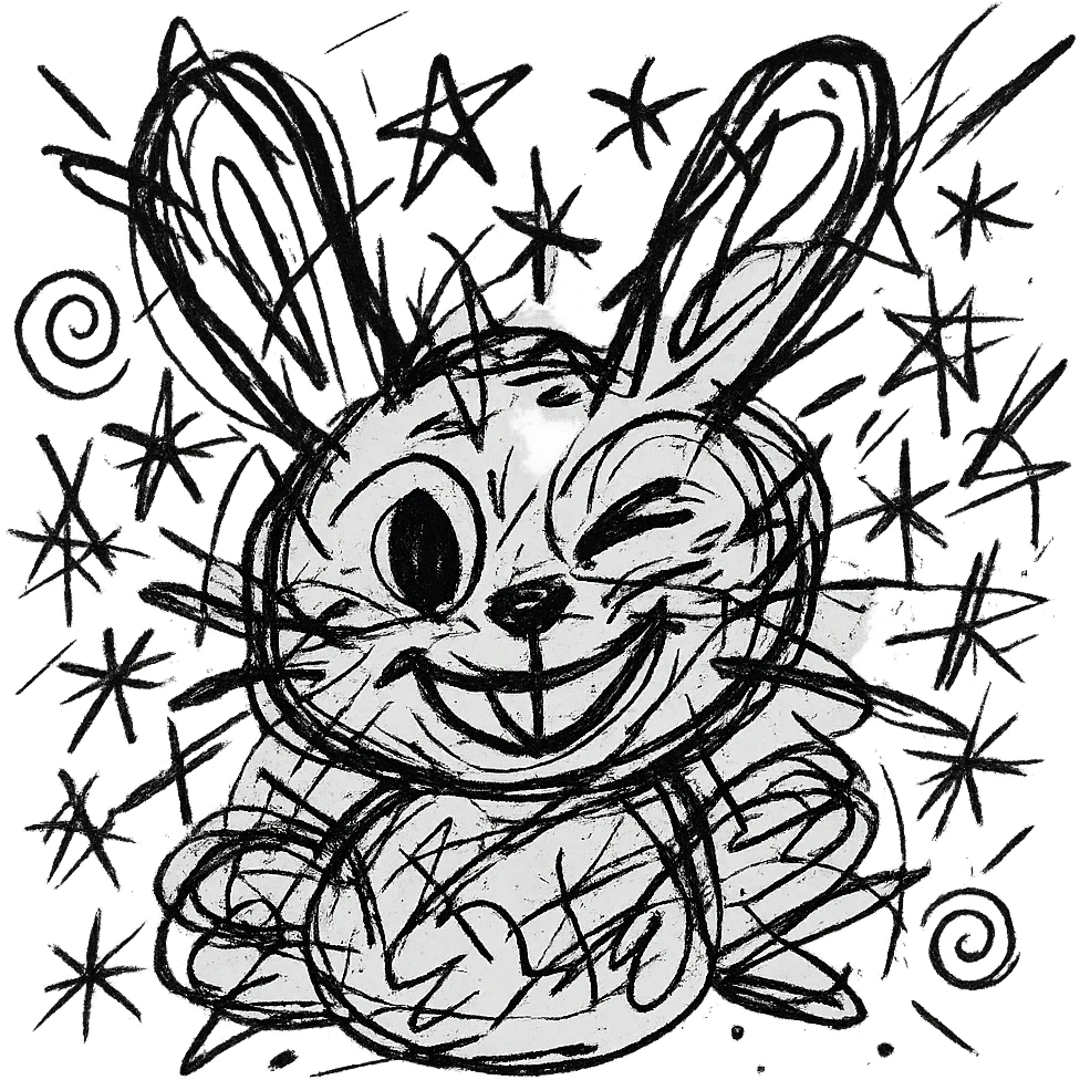 A winking bunny icon, black and white, no fill, chaotic icon emoji