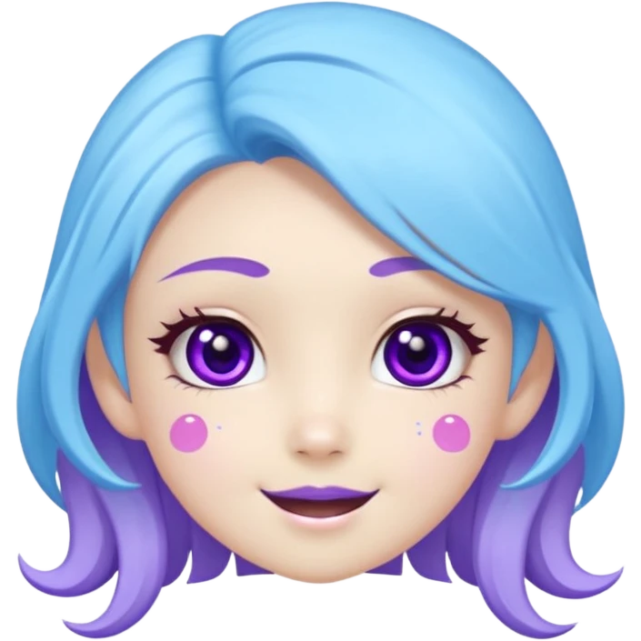 
de color azul claro brillante con manchas orgánicas en tonos morado y violeta.El rostro es expresivo y kawaii, con ojos grandes y brillantes, cejas pequeñas y una sonrisa abierta con lengua rosada. Estilo moderno, limpio y tierno, ideal como emoji, sticker o mascota digital.
 emoji