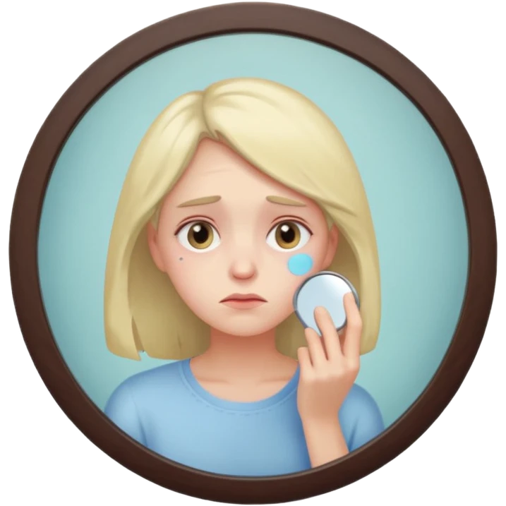 thoughtful tired woman looking in the mirror, gentle pastel tones, soft lighting, emoji style, symbolizes fatigue not ageing emoji