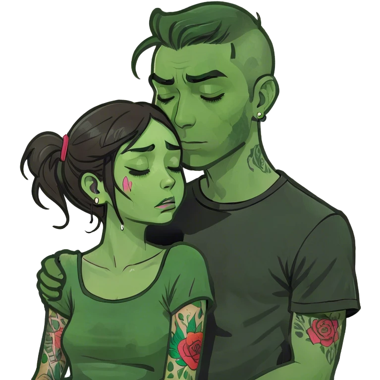 Tattooed boy holding crying brunette girl emoji