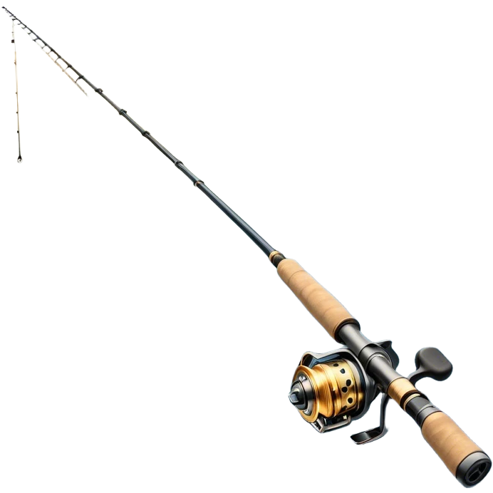 Cinematic Realistic Fishing Rod, sleek graphite rod with a smooth, polished reel, thin line disappearing into a shimmering lake, warm golden sunlight reflecting off the water, glowing with a tranquil and adventurous aura. emoji