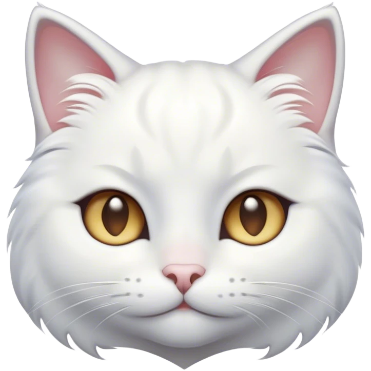Cinematic Cute White Cat Portrait Emoji, Head tilted with a soft, gentle smile and sparkling eyes, featuring a silky, pristine white fur with subtle silver highlights, simplified yet irresistibly adorable, highly detailed, glowing with a warm, snowy glow, high shine, radiating affectionate charm and tender grace, styled with a light, playful outline, capturing the essence of a cute white cat that looks as if it could melt your heart with a single blink! emoji