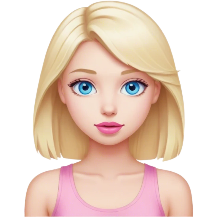 blonde girl with blue eyes and a pink tank top, wearing a pale pink lipstick emoji