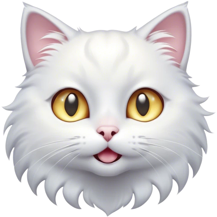 Cinematic Comical White Cat Portrait Emoji, Head tilted in an exaggerated, surprised manner with wide, sparkling eyes, showcasing a pristine white fur with subtle hints of silver and an animated, goofy expression, simplified yet whimsically detailed, glowing with a playful, bright radiance, high shine, exuding a lighthearted and comical charm, styled with a soft glowing outline, capturing the essence of a white cat that looks ready to prance comically off the screen! emoji