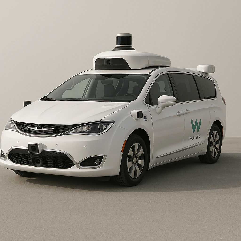 Waymo self-driving car, modern and clean design, visible sensors and lidar, simple background, realistic style emoji