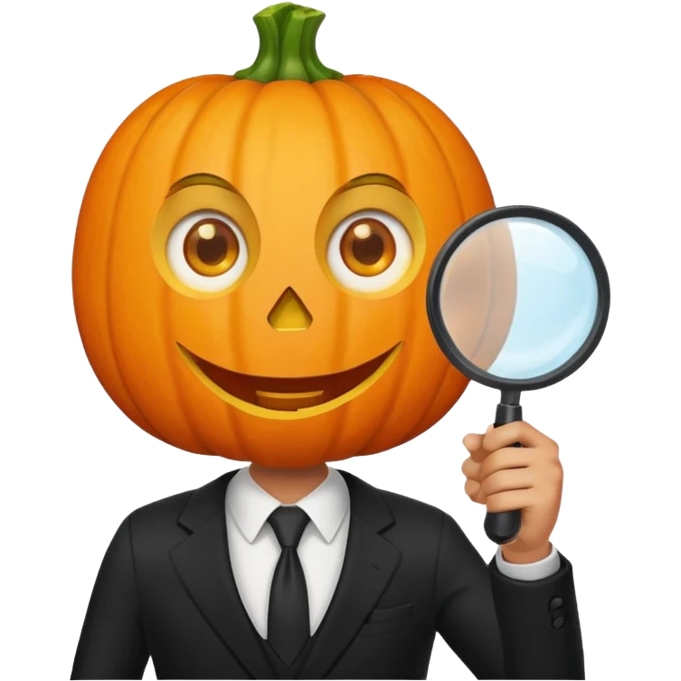 A pumpkin smiling at a magnifying glass (the magnifying glass has a suit thats black, the magnifying glass also has one eye in the middle turn the magnifying glass into a living person give the magnifying glass Normal looking eyes and give it actual arms and legs  emoji