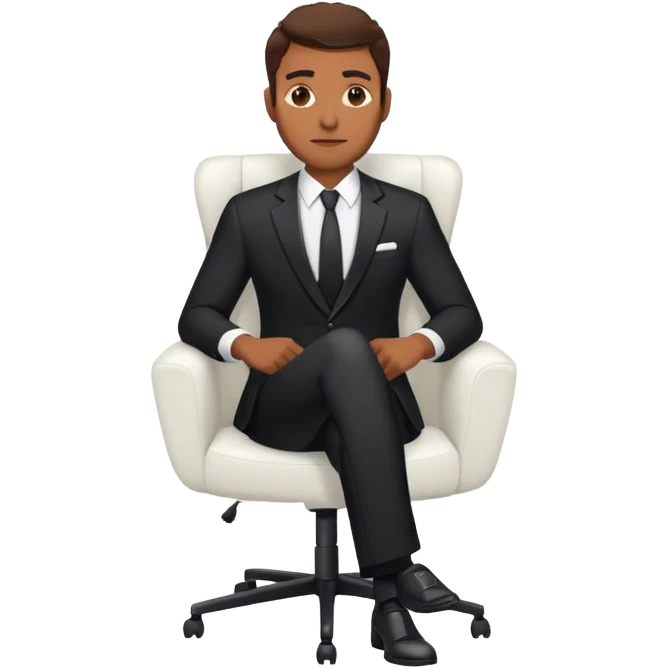 brown haired man in black suit and white shirt sitting on a chair emoji