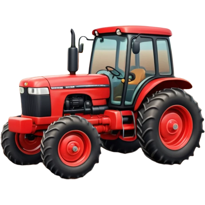 A 3D cartoon red tractor in a farmland setting, with plowed soil and crops in the background, smooth reflections, detailed tires, warm daylight, Memoji-style realism. emoji