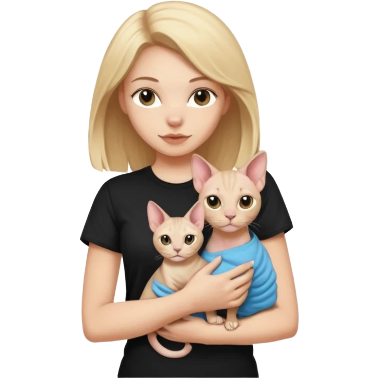 A white girl with light hair in black T-shirt is holding a Sphynx girl cat in her arms emoji