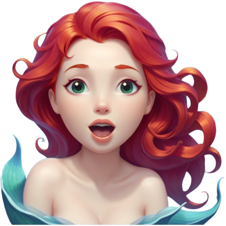 Cinematic Realistic Red Hair Mermaid Portrait, head tilted slightly with a dramatic, wide-open yawn, revealing a tender, relaxed visage with delicately detailed porcelain skin and vibrant, cascading red hair softly billowing around her. Her dreamy eyes exude a serene, aquatic charm, rendered with gentle underwater lighting and high shine—capturing the essence of a drowsy yet mesmerizing mermaid drifting into a tranquil slumber beneath the sea. emoji