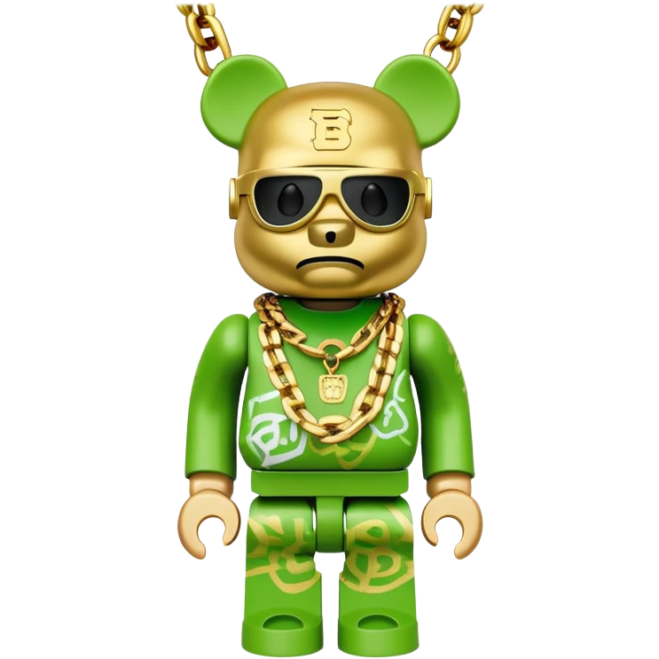 classic bearbrick figure with lime green mask covered in chaotic brand logos, wearing several large gold chains, gold pendant, rapper style accessories, expressive eyebrows emoji