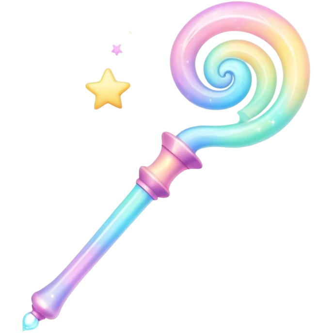Cinematic cute magical wand, pastel swirls of color, tiny twinkling stars floating around, glowing softly, chubby rounded edges, whimsical and dreamy. emoji