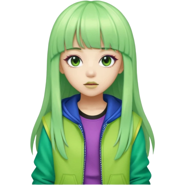  portrait-of-a-green skin alien-k-pop-idol,-wearing-a-stylish-streetwear-outfit-with-layered-colorful-clothing,-long-hair-with-bangs,-makeup,- emoji