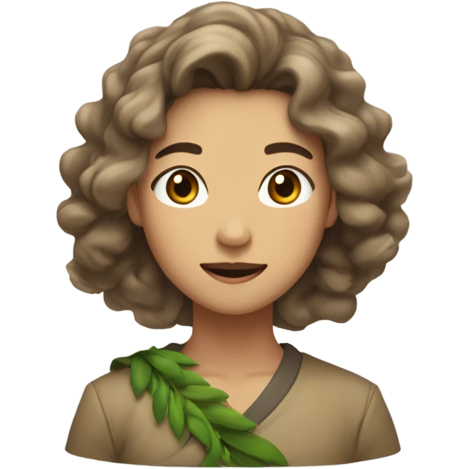A woman of Asian appearance. Wheat-colored skin, with waist-length hair, is loose, blown up by the wind, the hair is brown highlights, slightly curly, big wavy look. His eyes were green, and he wore a wreath in his hair. emoji
