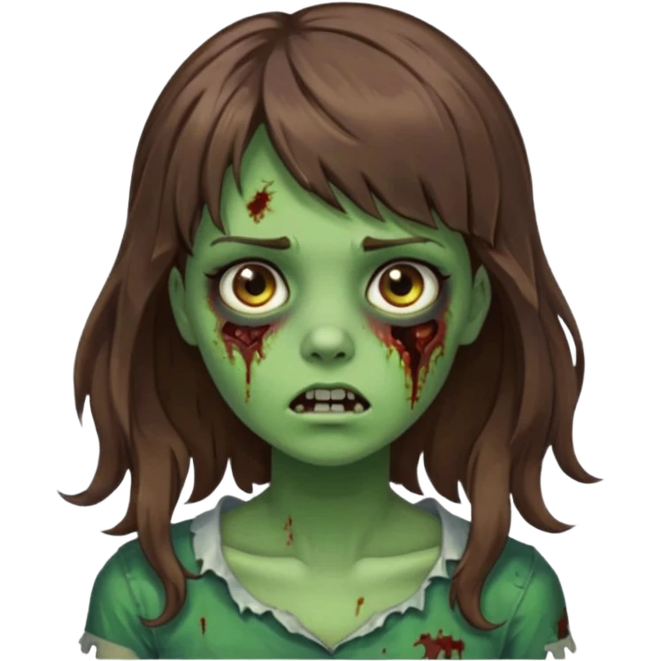 Uma menina zombie com um cabelo ondulado médio, com a franja pro lado direito, o cabelo com cor castanho com a cor de pele verde  emoji