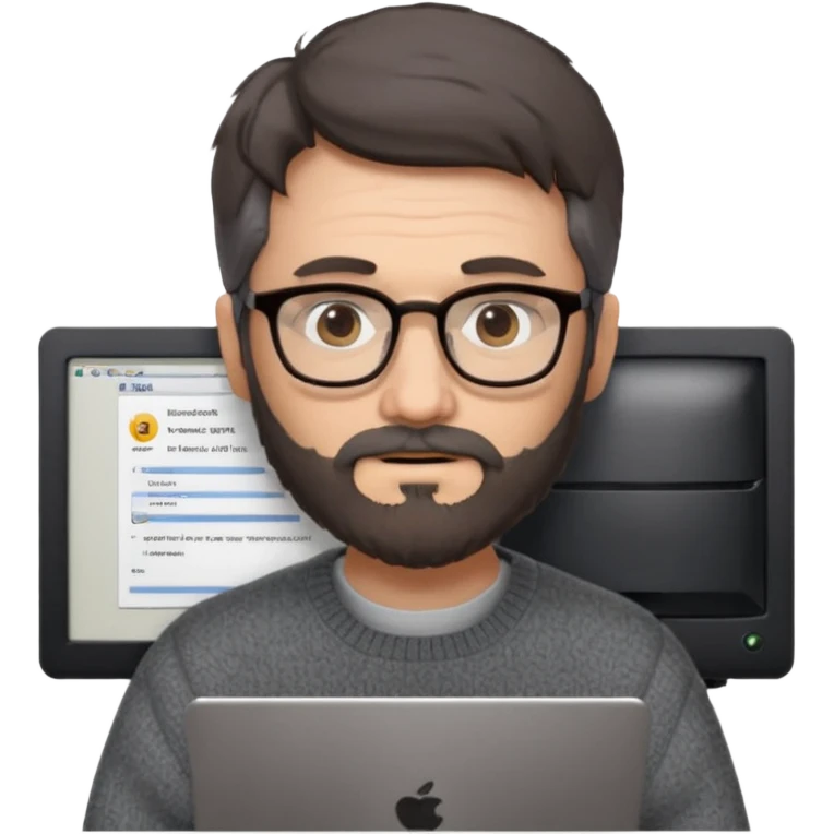 Profesor de pelo gris marrón oscuro con gafas un poco de barba jersey gris y un ordenador los óleos son marrones emoji