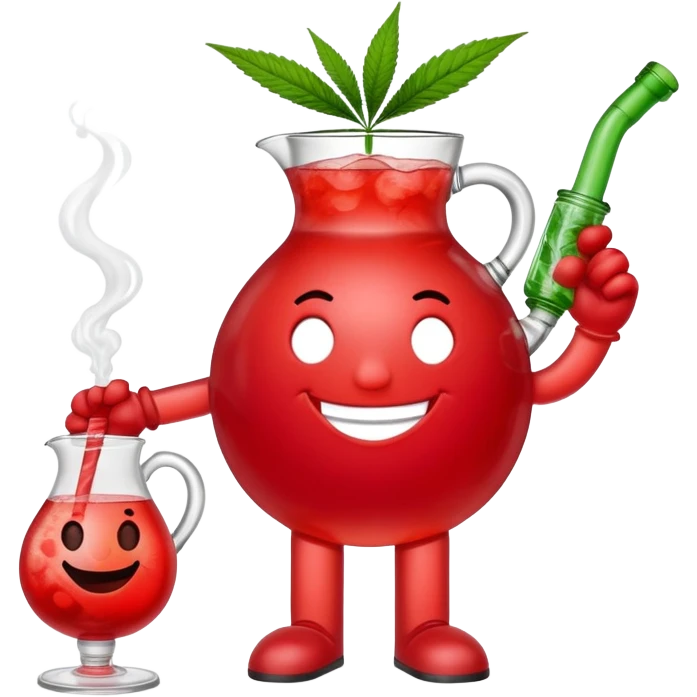 Kool-Aid Man pitcher character with legs and arms holding a bong with a cannabis leaf emoji