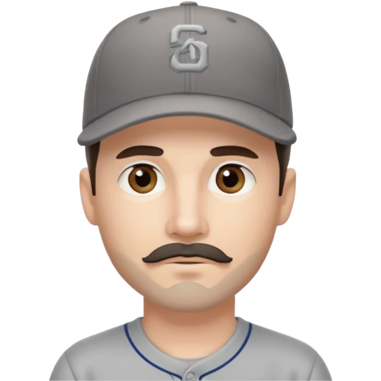 white young male with small dark brown goatee beard and moustache with grey tones wearing a grey baseball cap backwards with hazel eyes emoji