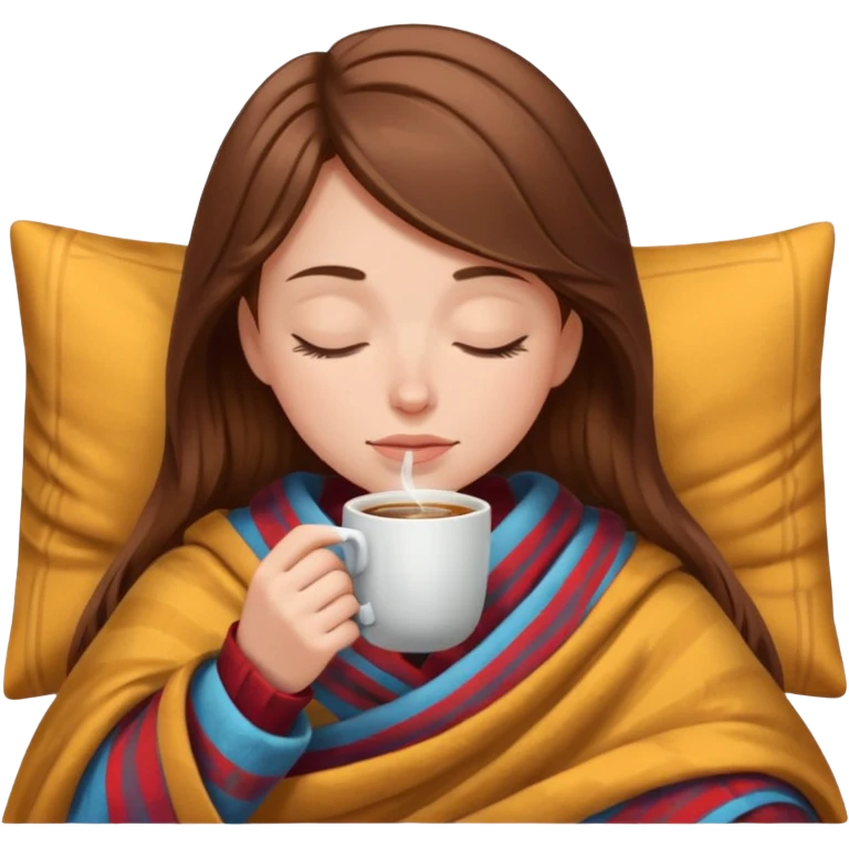 brown-haired white girl inside a blanket sipping coffee eyes closed emoji