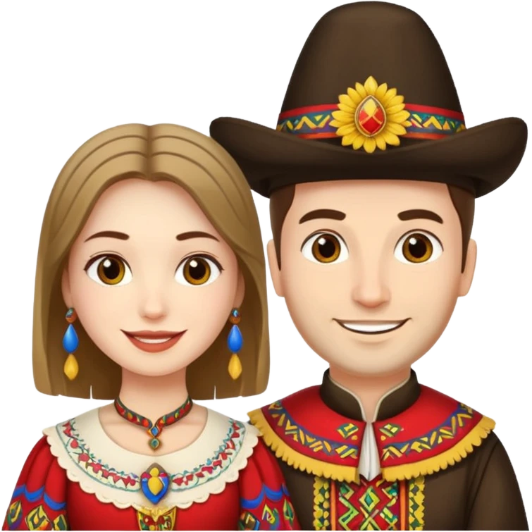 An woman dressed in a national Romanian costume and a men right next to her dressed in a Romanian national costume emoji