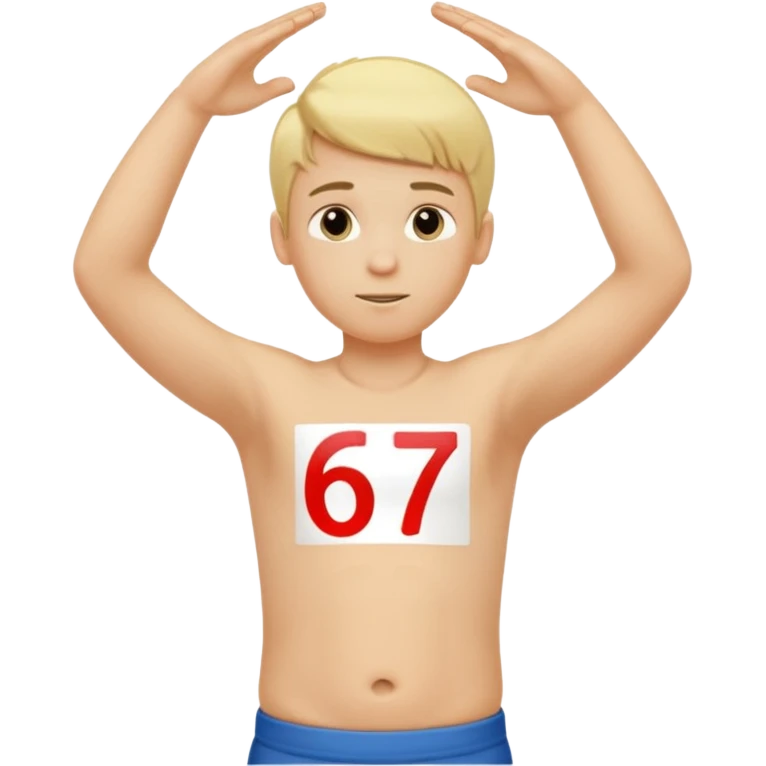 Boy, blonde hair with two hands stomach up saying 67 emoji
