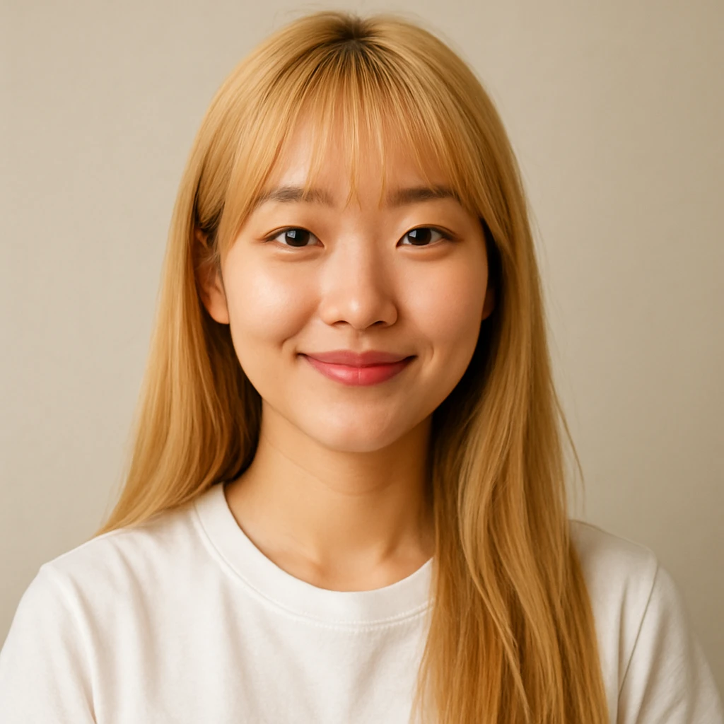 Korean girl with long blond hair and bangs, friendly expression, simple background emoji
