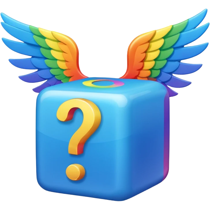 Blue cube with blue wings and has a rainbow question mark emoji
