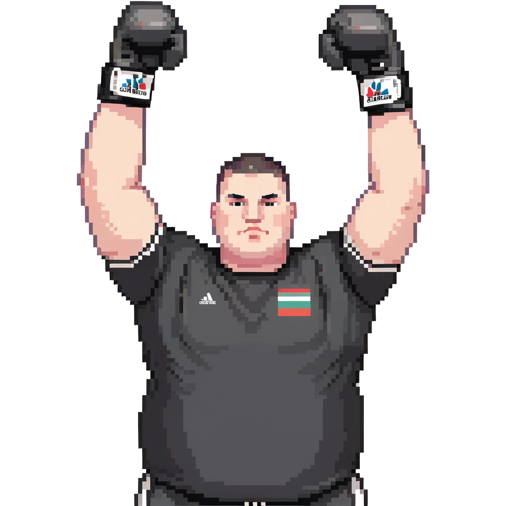 white man with dark hair, dark eyes, buzzcut faded haircut, overweight 100kg boxer, chubby face, stocky build, wearing full black clothes, black adidas boxing gloves, victory pose with arms raised, upper body only no legs visible, highly pixelated emoji