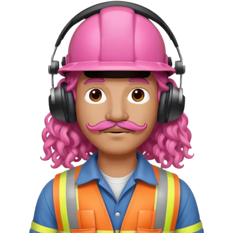 construction worker with pink long curly hair and protective headphones and mustache emoji