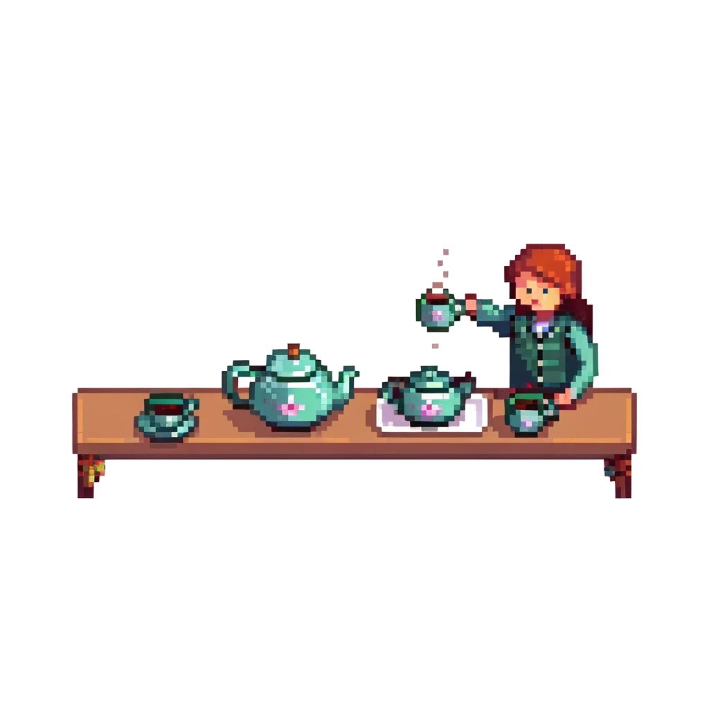 Traditional Chinese tea ceremony with teapot, cups, and person serving tea emoji