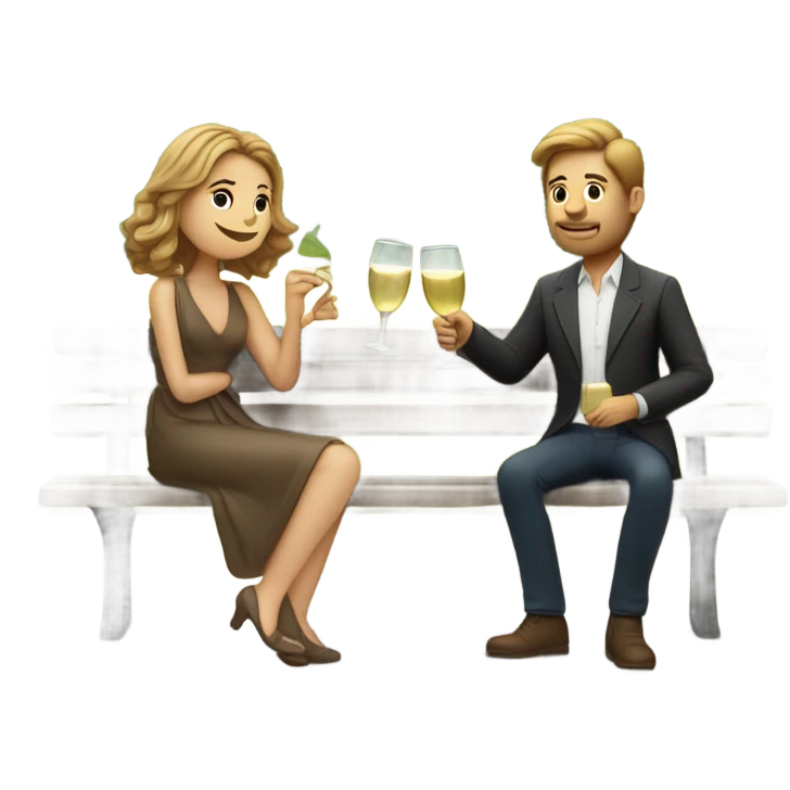 couple of white people with brown hair, sitting closely on a park bench, enjoying a romantic moment. One person is holding a croissant, and the other is holding a glass of Prosecco.  emoji