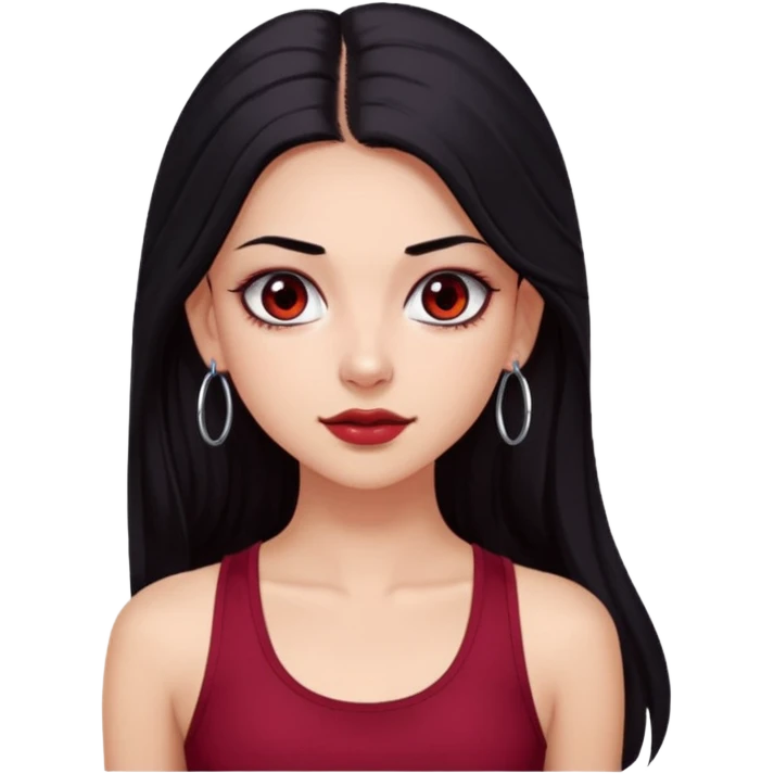 a pretty bratz fair girl with long black hair, kajal under eyes, small silver hoop. Dark cherry red tank top on. Black eyes emoji