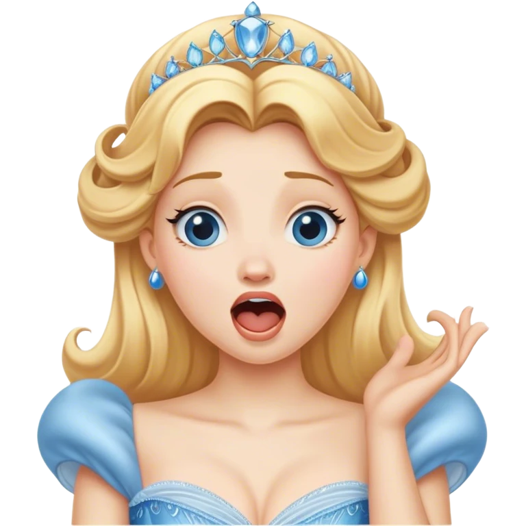 Cinematic Realistic Yawning Cinderella Portrait, showcasing lifelike porcelain skin and intricately detailed golden-blonde hair styled flawlessly as she mid-yawn reveals a moment of tender vulnerability. Her half-closed blue eyes and relaxed expression are rendered with natural, soft lighting that emphasizes the subtle textures of her face and the detailed, flowing fabric of her iconic gown. The scene glows with a cozy, authentic warmth that captures a rare, intimate moment of repose. emoji