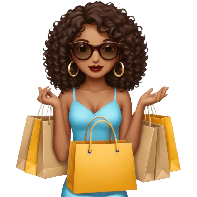 Rich dark brown girl with dark brown mid-length curly hair expensive retail shopping bags and sunglasses emoji