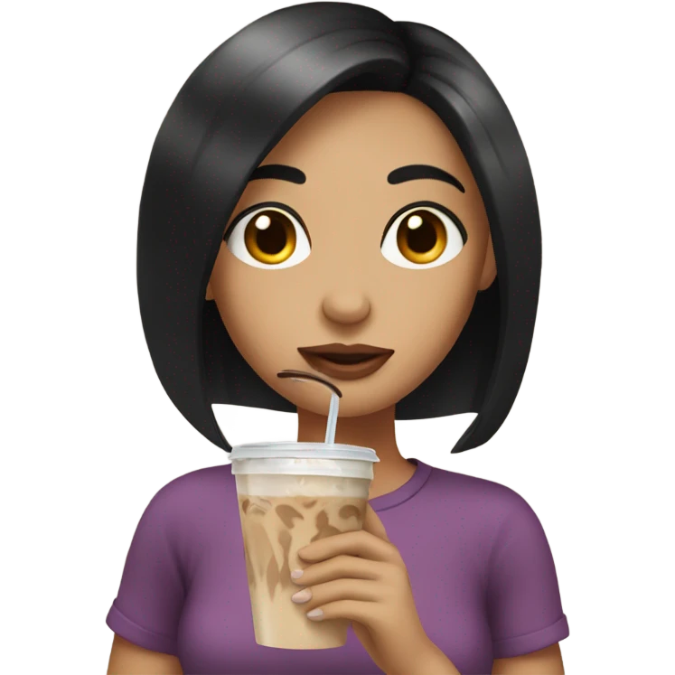 Girl with black hair drinking iced coffee emoji