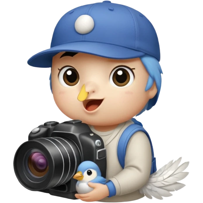 Songbird wearing a baseball cap holding a camera and a baby emoji