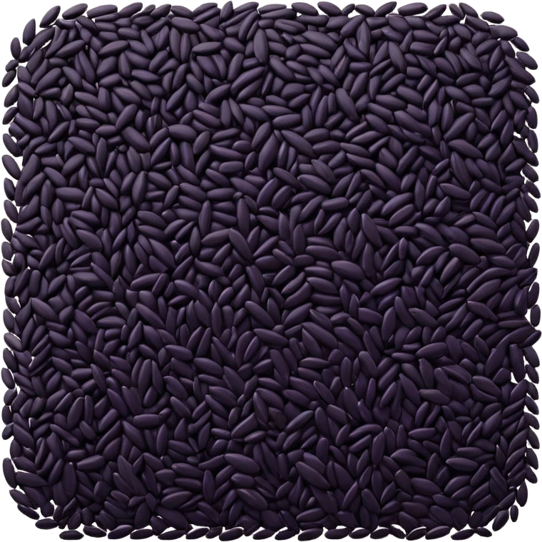 loose scatter of uncooked black rice grains, glossy elongated shape, deep purplish-black color, smooth slightly curved surface, subtle natural variations in tone, soft lighting, subtle shadows, emoji scale emoji