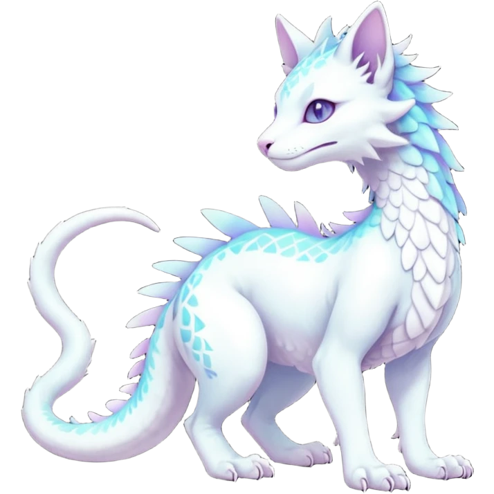 Kawaii white pastel iridescent beautiful pretty elegant divine edgy fantasy feline-vernid-sergal-Haku-dragon-fursona animal creature, full body with intricate markings  emoji