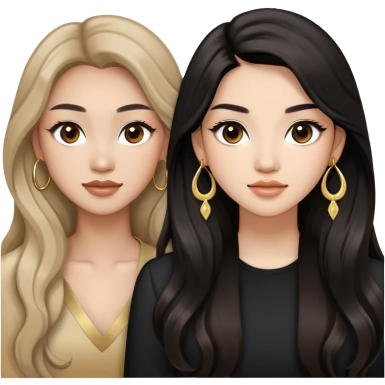 A two woman one is a asian with light skin and brown wavy long hair, big round brown eyes with long lashes and a bit of makeup and another is asian woman with black straight long hair with light tan skin and with big round dark brown eyes with full long lashes. Both wears a gold earrings emoji