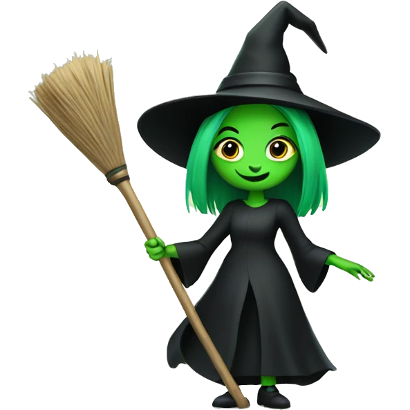 Green witch with broom wearing black  emoji