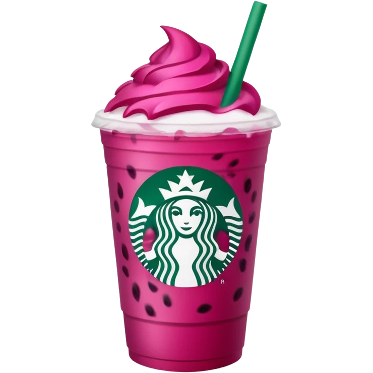Starbucks dark pink dragonfruit refresher. no swirl on top. starbucks logo. emoji
