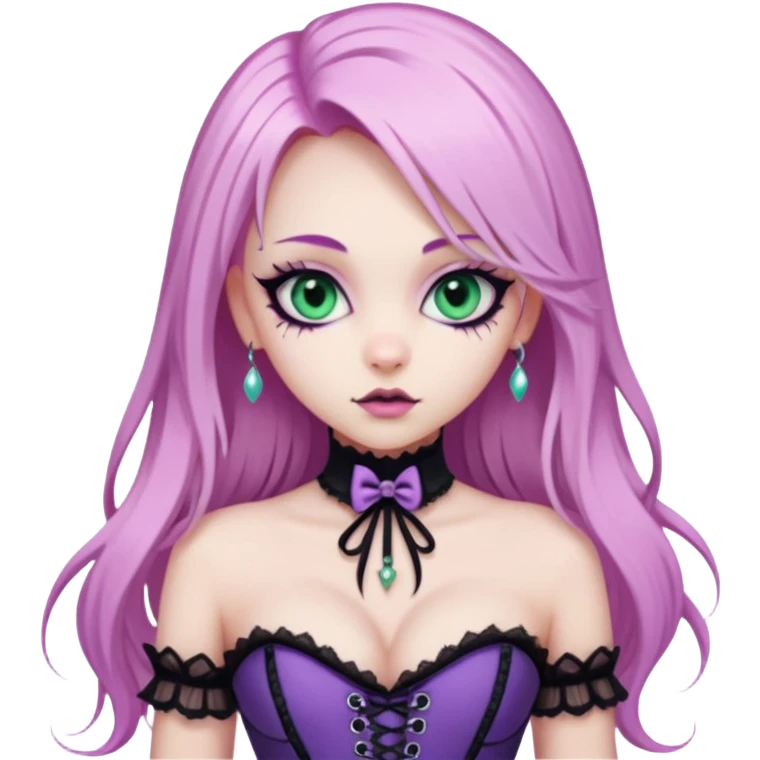 pretty scary girl, long straight LIGHT pink HAIR, jade kitten eyes, black eyeliner, pale skin, purple corset clothes with laces emoji